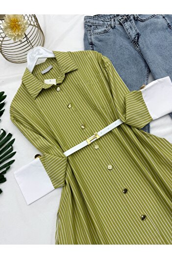 Modamorfo Belted Striped Tunic with Metal Buttons -F.Green