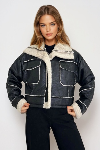VAGGON Women's Black Double Pocket Sheepskin Zipper Closure Jacket Prm1347