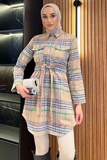 julude Beige Plaid Patterned Double Pocket Hijab Tunic