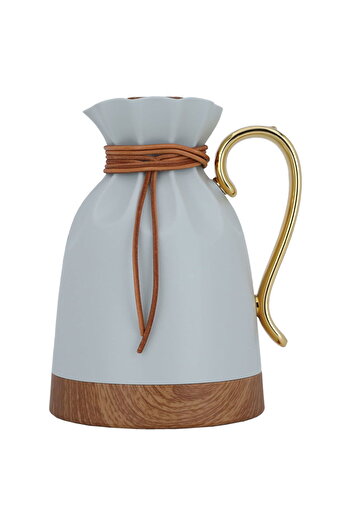 Alsaif Gallery Balqis Thermos, Light Gray With Golden Wooden Handle, 1 Liter