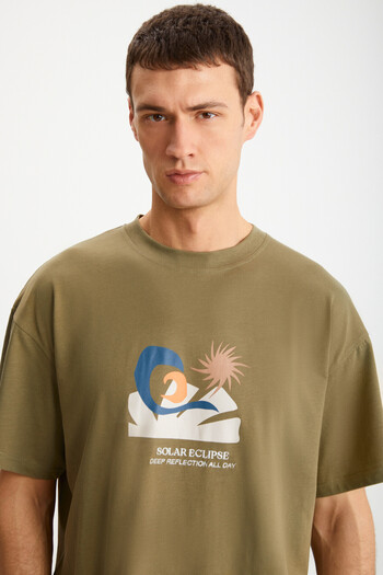 GRIMELANGE MITCHELL Men's 100% Cotton Printed Short Sleeve Regular Fit Khaki T-Shirt