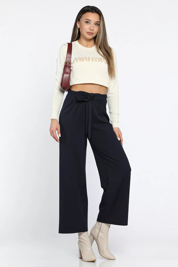 GÜLSELİ Navy Blue Lace-Up Wide Leg Comfortable Women's Fabric Trousers