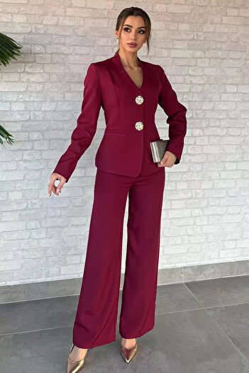 GÜLSELİ Burgundy Button Detailed Jacket Pants Double Set