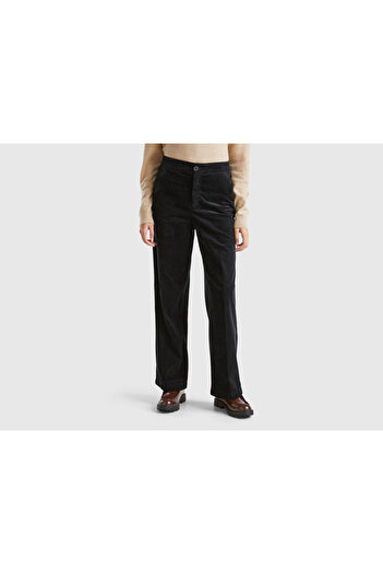 United Colors of Benetton Women's Black Cotton Blended Wide Leg Velvet Trousers with Elastic Back Pockets