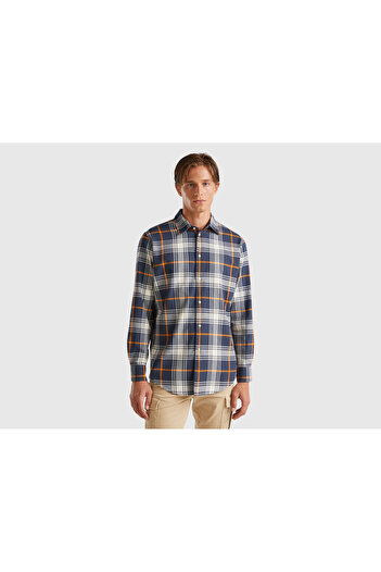 United Colors of Benetton Men's Brown Mix 100% Cotton Regular Fit Flannel Pattern Long Sleeve Shirt