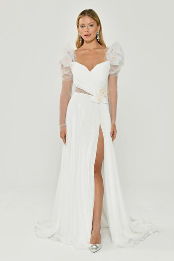ALFABETA Long Chiffon Evening Dress - Fluffy, Short Sleeve and Slit Dress