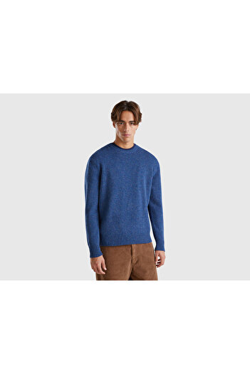 United Colors of Benetton Pulover Shetland pentru bărbați, albastru Melange, cu guler rotund