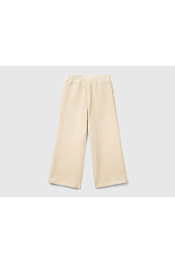 United Colors of Benetton Girl's Ecru Wide Leg Trousers with Logo Embroidered on the Back