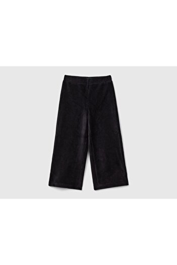 United Colors of Benetton Girl's Black Wide Leg Trousers with Logo Embroidered Back