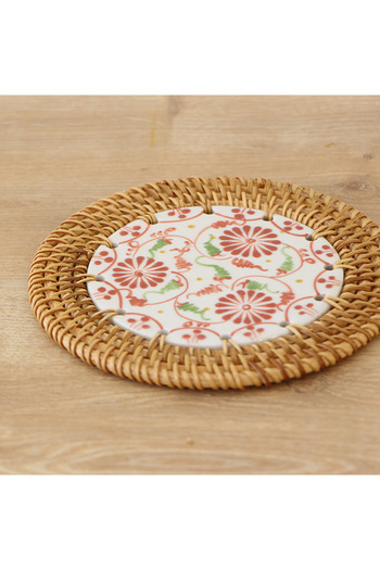 Mylamp Rattan Framed 14 Cm. Red Triple Flower Patterned Decorative Object