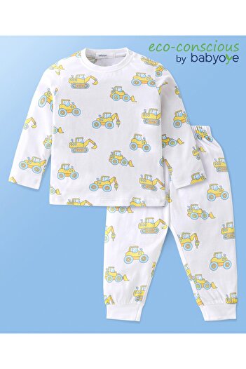 Babyoye Babyoye Cotton Modal Knit Full Sleeves Vehicle Print Night Suit - White