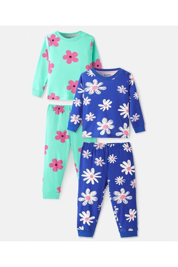 Bonfino 100% Cotton Knit Full Sleeves Night Suits/Co-ord Sets Floral Print Pack of 2 - Blue & Green