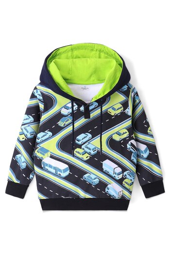 Ollington St. Ollington St. 100% Cotton Full Sleeves Hoodie & Lounge Pants With Cars Print - Black & Lime