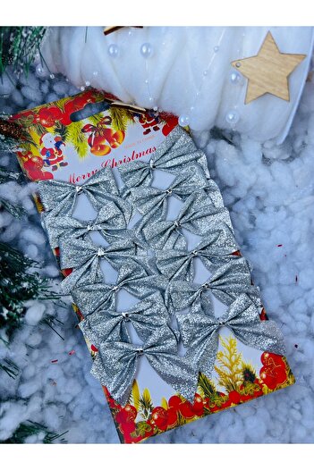 Derin Düşler Shiny Silver Silver Ribbon - 6 cm Pine Tree Ornament, 12 Pcs Bows