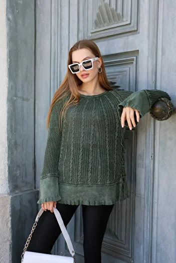 Sosyete Kaplumbağa 100% Cotton Authentic Knitwear - Distressed Washed Long Sleeve Loose Blouse Sweater with Lace Sides