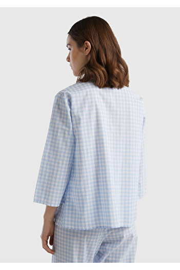 United Colors of Benetton Women's Blue White 100% Cotton Patch Pocket Multicolor Plaid Patterned Shirt