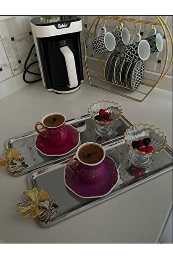 AHİR TİCARET Set of 6 Stainless Steel Rectangular Batons - Coffee Tray, Butterfly Pattern Luxury Presentation
