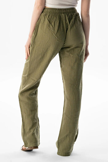 Pi Giyim Women's Oversize Wide Leg Trousers - Seersucker Fabric, Elastic Waist, Comfortable and Stylish Model