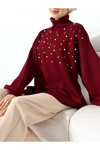 Modamorfo Pearl Turtleneck Balloon Sleeve Knitwear - Burgundy
