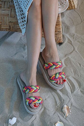 Beyond Women's Multi Beige Rope Drawstring 2 Stripes High Sole Straw Slippers 5cm Byndh2T01