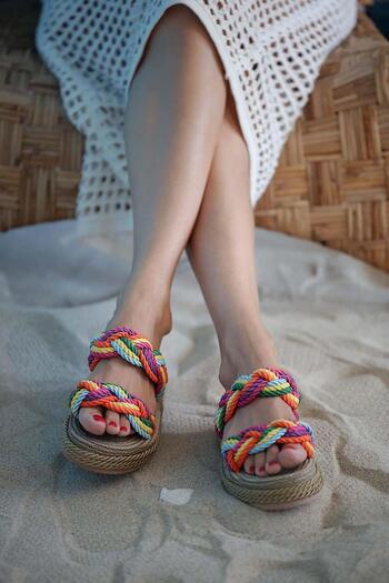 Beyond High Sole Women's Straw Slippers - Gold Rope String, 2 Bands, 5cm Byndh2t01