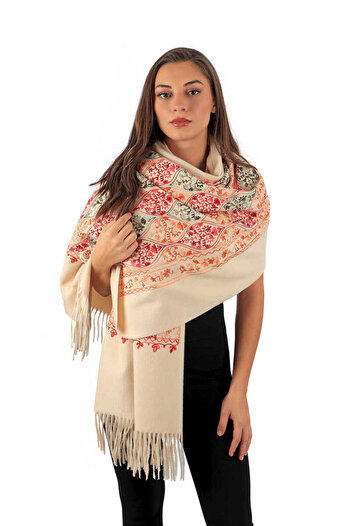 Bursa İpek Beige Embroidered Winter Shawl