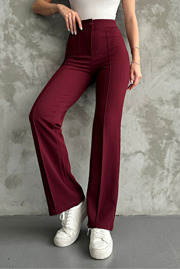 macharel jeans Kadın Bordo Yüksek Bel Toparlayıcı Ispanyol Paça Palazzo Pantolon