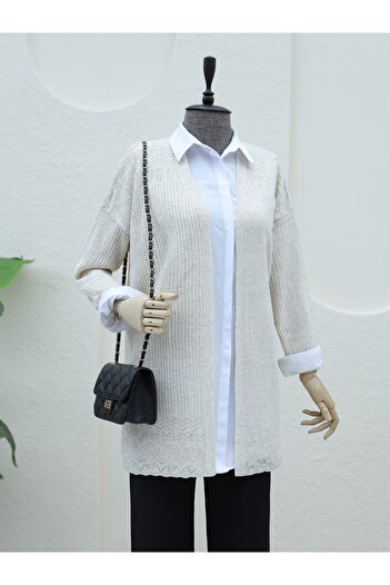 Modamorfo Skirt Patterned Openwork Cardigan -Stone