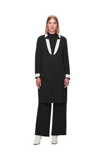 MISS DALIDA Black Lapel Detailed Agraph Long Cardigan T25K-9003