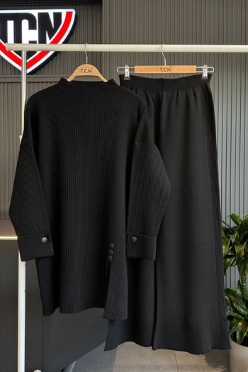 Bold Grup Black Knitwear Ribbed Tunic and Pants Hijab Set - Button Detail