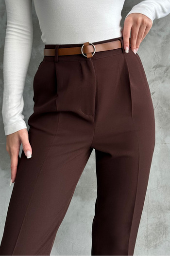 macharel jeans Γυναικείο Skinny Leg Πλισέ Ζώνη Εποχιακό Παντελόνι από Υφασμάτινο Καφέ