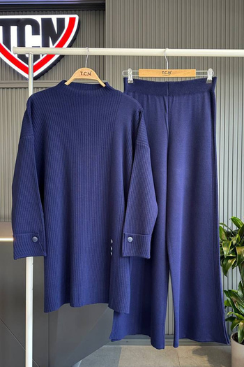 Bold Grup Navy Blue Women's Knitwear Set - Ribbed Button Detailed Tunic, Trousers and Hijab Pants