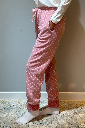 REMSA Women's Fleece Polka Dot Print Pajamas - Cuffed, Single Bottom, 130 Powder