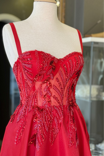 Lenta Moda Kırmızı Yaprak Desen Dantel Kaplı Maxi Boy Saten Abiye Ve Gece Elbisesi
