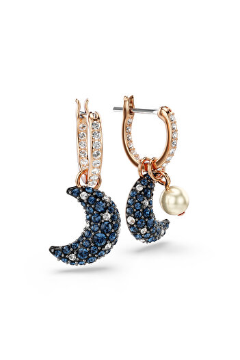 Swarovski Luna Damla Küpeler, Kristal Inci, Asimetrik Tasarım, Ay, Çok Renkli, Pembe Altın Rengi Kaplama