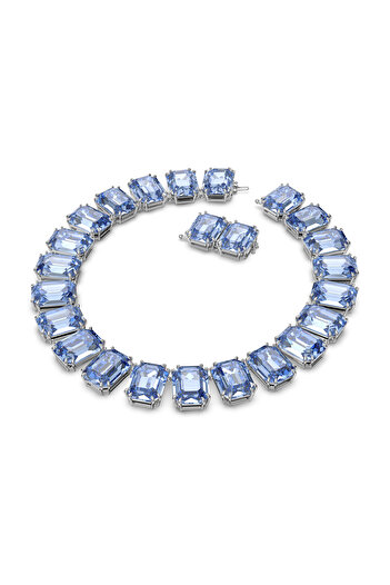 Swarovski Millenia Tennis Kolye, Büyük Kristaller, Sekizgen Kesim, Mavi, Rodyum Kaplama