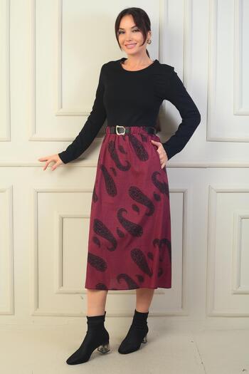 By Saygı Women's Waist Belted Skirt Shawl Patterned Lined Dress