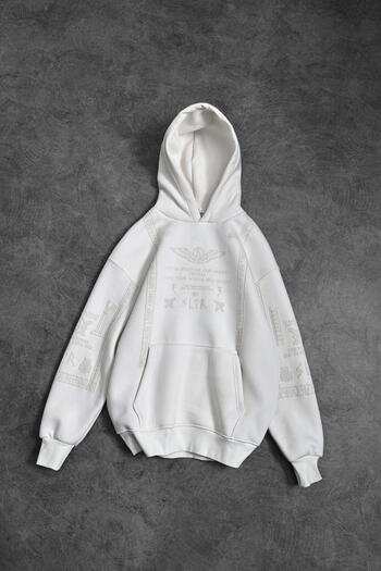 Slatra Men's White Embossed Print Hooded Oversize Sweatshirt