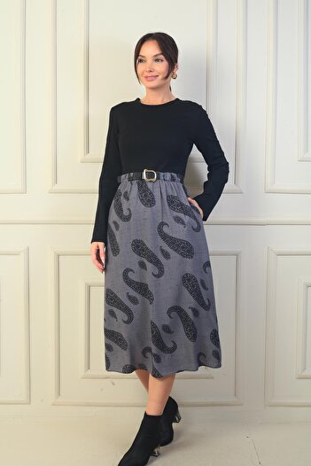 By Saygı Women's Waist Belted Skirt Shawl Patterned Lined Dress