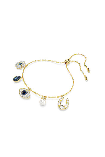 Swarovski Symbolica Bileklik, Kristal inci, Yonca, nazarlık ve at nalı, Mavi, Altın rengi kaplama