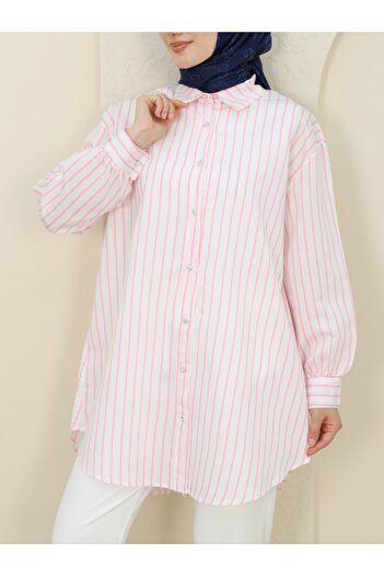 Modamorfo Thin Striped Rhinestone Buttoned Loose Shirt -Pink