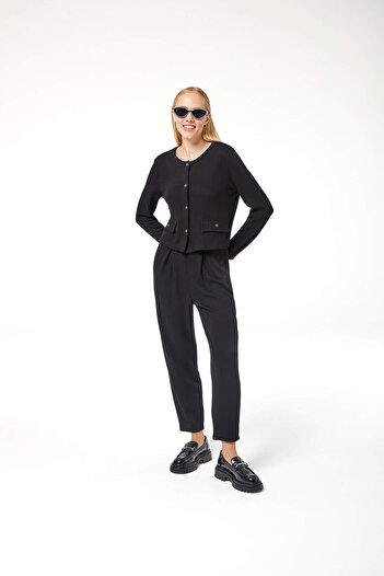 Evermade Ankle Length Pleated Trousers with Elastic Waist Pockets