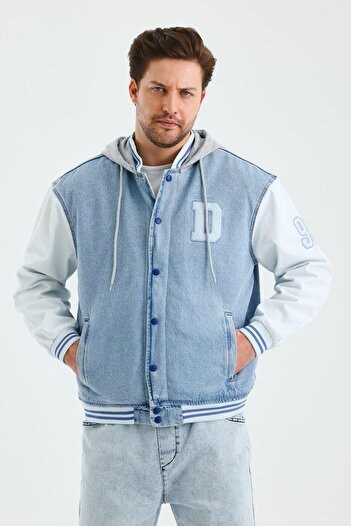 DAMGA JEANS Erkek Kışlık İçi Kürklü Kapşonlu Buz Mavi Kot Kolej Mont