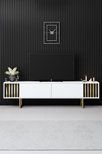 Modatte Gold Line Demir Ayaklı Beyaz Tv Sehpası