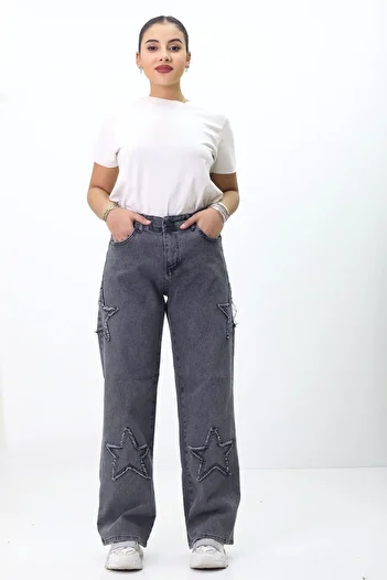 GZT TEKSTİL Women's High Waist Loose Fitting Star Detailed Jean Trousers