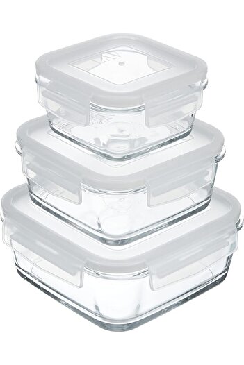 LAV Feyzade Set of 3 Glass Storage Containers with Lock - Fresco Square (1150Cc-720Cc-375Cc)