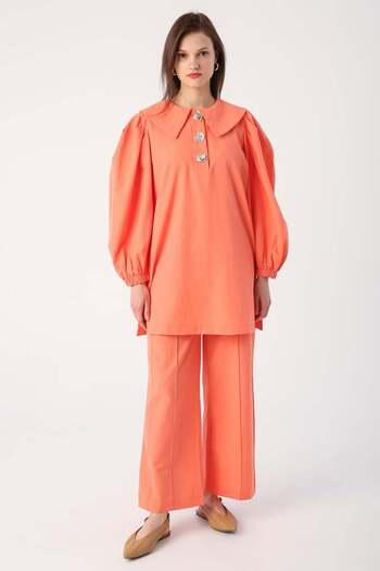 ALLDAY Orange-Gold Buttoned Large Collar Trousers Suit