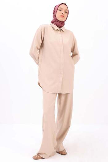 ALLDAY Beige-Lycra Shirt and Trousers Suit