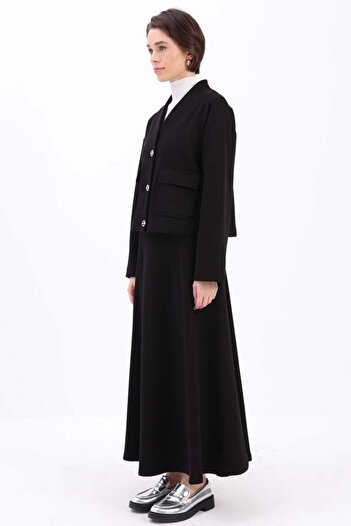 ALLDAY Black-Metal Buttoned Charted Skirt Suit