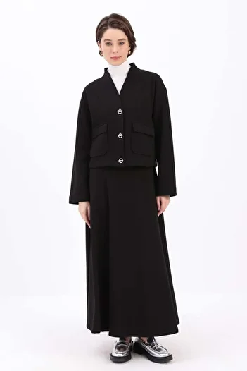 ALLDAY Black-Metal Buttoned Charted Skirt Suit
